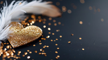 A close-up image featuring a glittering gold heart surrounded by shimmering confetti and soft feathers on a dark background, ideal for romantic themes.の素材
