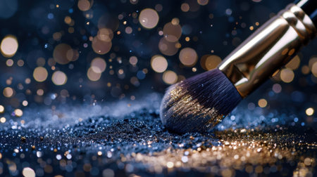 A stunning close-up view of a makeup brush applying sparkling glitter on a dark surface. The dreamy bokeh background enhances the beauty and creativity of this artistic scene. Perfect for beauty, fashion, and cosmetics themes.の素材