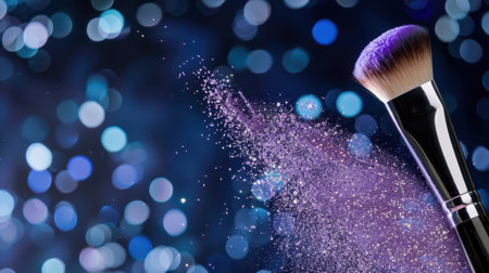 A beautiful close-up of a makeup brush dispersing vibrant sparkling glitter particles against a dreamy bokeh background, evoking beauty and artistry.の素材