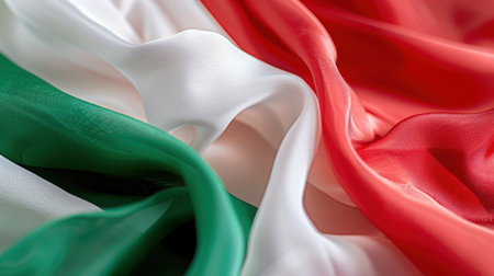 A stunning close-up of the Italian flag colors depicted in soft silk fabric. The green, white, and red hues flow gracefully, symbolizing Italy's rich heritage.の素材