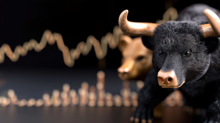 This image features a detailed black bull figurine in front of a rising market graph, symbolizing financial growth and trading strategies in finance.の素材