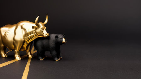 This image features a golden bull and a black bear figurine, symbolizing the opposing forces of market trends in finance. Ideal for illustrating economic dynamics.の素材