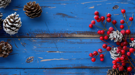 Beautifully arranged pine cones and red berries create a festive look against a blue wooden surface, ideal for holiday decor and celebration themes.の素材