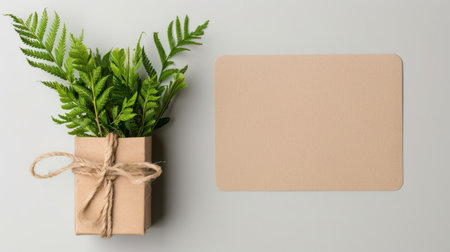 A fresh green fern plant arranged in a simple brown paper gift box, placed next to a blank card on a neutral background, perfect for custom messages.の素材