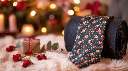A beautifully styled floral tie draped elegantly over rolled black fabric, accompanied by soft roses, a charming gift box, and a warm ambiance from lights.の素材