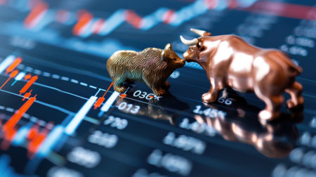 Bull and bear figurines sit prominently on a stock market chart, representing the ongoing dynamics of financial trends and investments in today's market.の素材