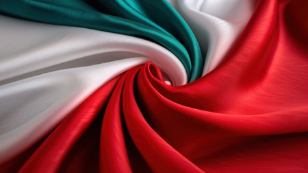 A stunning close-up of flowing fabric showcasing the vibrant green, white, and red colors of Italy's national flag, emphasizing elegance and cultural pride.の素材