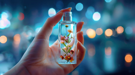 A stunning image capturing a hand gently holding a transparent bottle filled with vibrant dried flowers, with blurred city lights creating a magical atmosphere.の素材