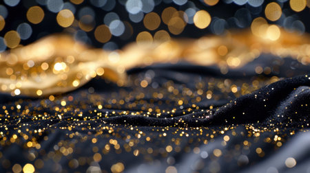 This stunning image captures the interplay of gold and black fabric adorned with shimmering glitter. The soft focus bokeh effect creates a dreamy, elegant background ideal for various design projects.の素材