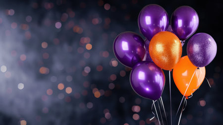 A captivating arrangement of purple and orange balloons, each gleaming with sparkle, perfect for enhancing any celebratory event or festive moment.の素材