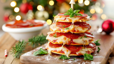 A mouthwatering stack of pizza layered with pepperoni, melted cheese, and fresh herbs, perfect for holiday celebrations and festive gatherings.の素材