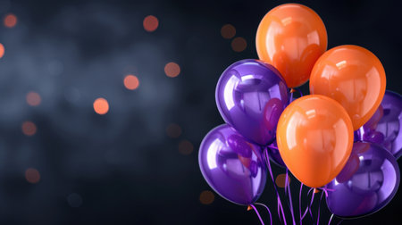 A stunning array of orange and purple balloons set against a soft blurred background. Ideal for themes of celebration, joy, and festive occasions.の素材