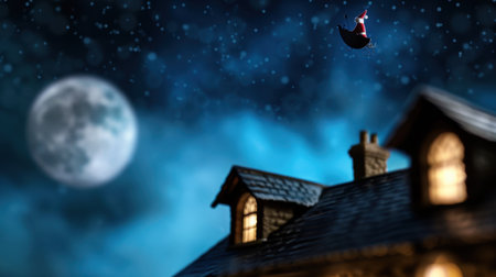 A whimsical scene featuring a flying figure with an umbrella above a charming house under a full moon, creating a dreamy night atmosphere.の素材