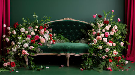 A stunning green velvet sofa adorned with a lush array of colorful flowers creates a captivating scene perfect for elegant interior design and celebrations.の素材