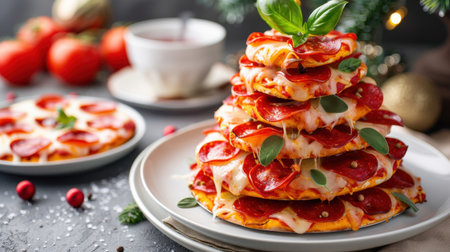 A delectable stack of pepperoni pizza towers over a beautifully arranged table with festive holiday decor and fresh ingredients, creating a mouthwatering scene.の素材