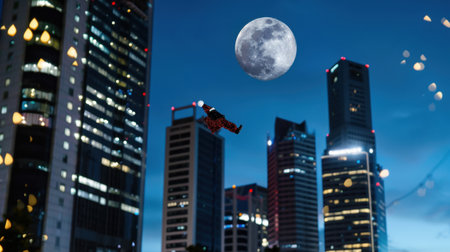 A captivating urban scene depicting a figure soaring through the air against a backdrop of skyscrapers under a large, glowing moon. Ideal for creative projects.の素材