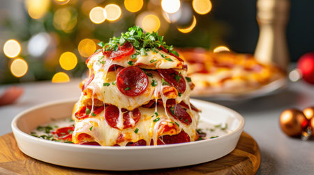 A mouth-watering stacked pepperoni pizza dish with gooey cheese, fresh herbs, and a festive ambiance, ideal for holiday gatherings and culinary delights.の素材
