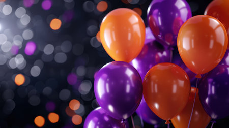 A vibrant arrangement of shiny purple and orange balloons against a soft bokeh background, creating a perfect atmosphere for celebrations and events.の素材