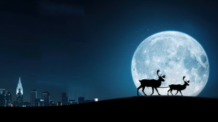 This serene image features a silhouette of two reindeer walking under a bright full moon, with a stunning city skyline in the background. It captures the magic of winter nights.の素材
