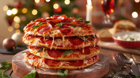 A tempting stack of pepperoni pizzas topped with fresh basil, set against a warm, festive background. Perfect for holiday celebrations and gatherings.の素材