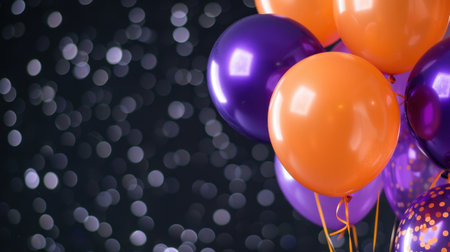 A stunning arrangement of orange and purple balloons creates a vibrant atmosphere ideal for celebrations, parties, and events. The sparkling background enhances the festive feel, adding a touch of joy and excitement.の素材