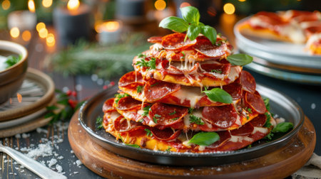 This enticing image features a towering stack of gourmet pepperoni pizzas garnished with fresh basil, perfect for any festive celebration.の素材