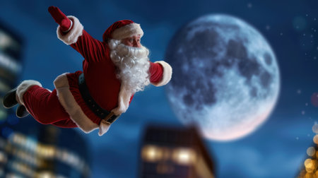 A whimsical portrayal of Santa Claus soaring through a starry night sky, with a bright full moon illuminating a bustling city below, embodying holiday cheer.の素材