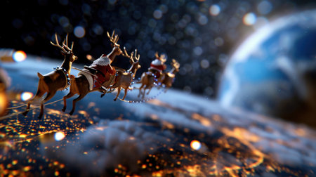 A whimsical depiction of Santa Claus and his reindeer soaring through space, approaching Earth on Christmas Eve, surrounded by twinkling stars and a vibrant atmosphere.の素材