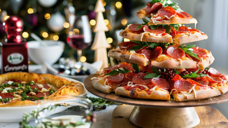 A stunning pizza tower featuring layers of cheese, peppers, and salami, beautifully decorated for the holiday season with festive ornaments in the background.の素材