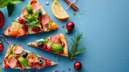 Three delicious slices of pizza are elegantly arranged on a blue background, showcasing vibrant toppings like fresh vegetables and herbs, perfect for holidays.の素材