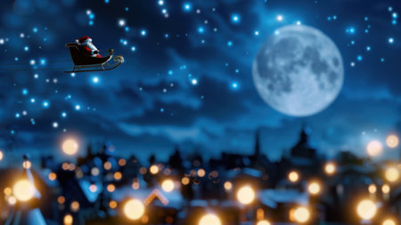 A charming illustration of Santa Claus in a sleigh soaring over a twinkling city under a bright full moon, embodying the magic of the Christmas season.の素材