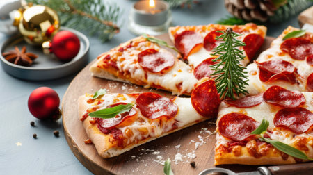 A festive pizza adorned with pepperoni slices and fresh herbs, beautifully arranged on a rustic wooden board, perfect for holiday gatherings.の素材