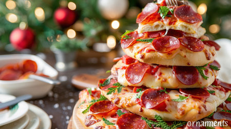 A mouthwatering stack of pepperoni pizza topped with fresh herbs, set against a blurred backdrop of vibrant Christmas ornaments, perfect for holiday gatherings.の素材