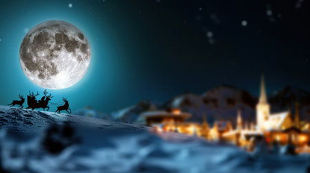 A stunning winter scene captures Santa's sleigh gliding across the snow under a full moon, with a charming village glowing warmly in the distance.の素材