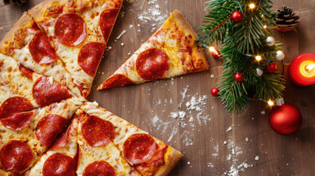 A delicious pepperoni pizza slice rests beside a whole pizza on a rustic wooden surface, adorned with Christmas decorations and a warm candle.の素材