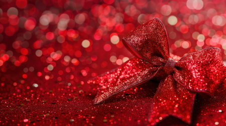 A stunning red glitter bow beautifully contrasts against a sparkling background, evoking feelings of warmth and joy during the festive holiday season. Perfect for decorations.の素材