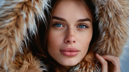 A captivating close-up portrait showcasing a young woman with striking blue eyes wearing a stylish fur hood. The serene expression highlights her natural beauty and freckles, embodying a cozy winter vibe in an outdoor setting.の素材