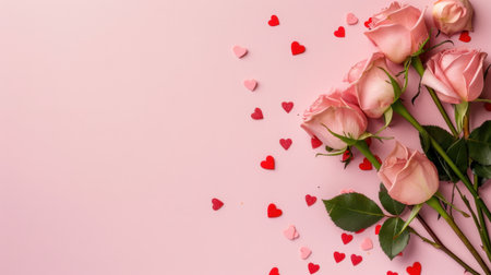 This charming image features soft pink roses arranged elegantly with heart-shaped confetti, creating a romantic atmosphere perfect for celebrations and events.の素材