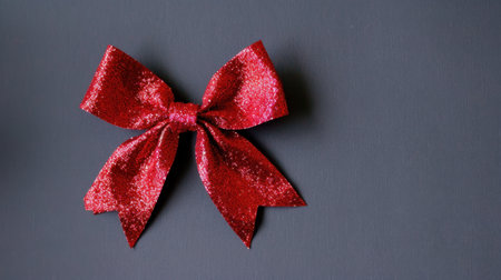 A striking red glitter bow set against a dark background, perfect for enhancing gifts or adding a festive touch to holiday decorations and celebrations.の素材