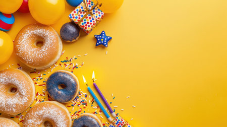 Festive birthday scene featuring delicious donuts, vibrant balloons, and colorful gifts, creating a cheerful atmosphere perfect for celebrations and parties.の素材
