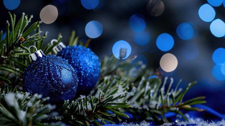 A stunning close-up image featuring blue Christmas ornaments resting on pine greenery, enhanced by a soft bokeh background, evoking a warm holiday spirit.の素材