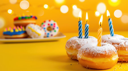 Delight in the charm of colorful birthday donuts adorned with candles, set against a vibrant yellow backdrop, perfect for any joyful celebration.の素材