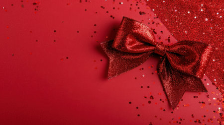 This image features a stunning red glitter bow placed against a vibrant red background, surrounded by shimmering confetti, perfect for festive events.の素材