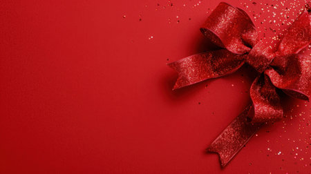 A stunning red bow adorned with glitter and sparkles sits elegantly on a solid red background, capturing the spirit of festive celebrations and holiday cheer.の素材