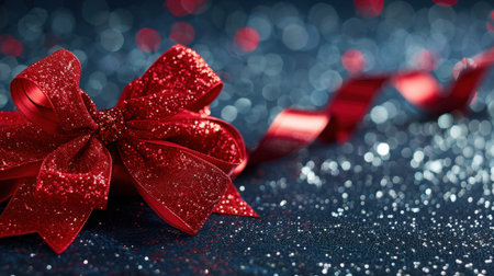 A vibrant red bow sparkles with glitter against a deep blue background, perfect for holiday celebrations and gift presentations. The shiny texture adds festive elegance.の素材