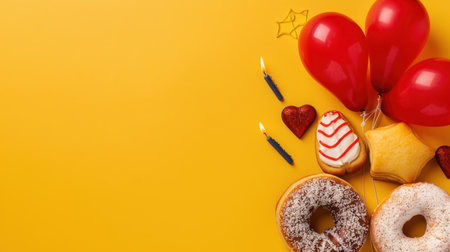 A vibrant composition featuring delightful donuts, bright balloons, and candles on a yellow background, perfect for party themes and celebrations.の素材