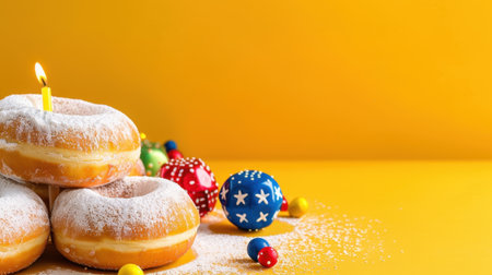 This vibrant image captures a delightful birthday scene featuring stacked donuts with a candle, surrounded by colorful festive decorations against a bright yellow backdrop.の素材