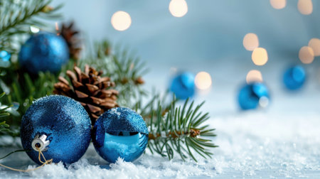 A charming arrangement of vibrant blue ornaments nestled in a snowy landscape, accented with pinecones and greenery, showcasing a delightful holiday spirit.の素材