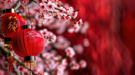 This stunning image features vibrant red lanterns elegantly hung among delicate cherry blossom branches. The composition emphasizes the beauty of nature and cultural celebrations.の素材