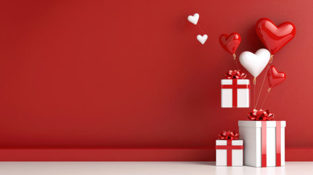 This vibrant image features heart-shaped balloons floating above elegantly wrapped gift boxes, perfect for romantic occasions like Valentine's Day.の素材